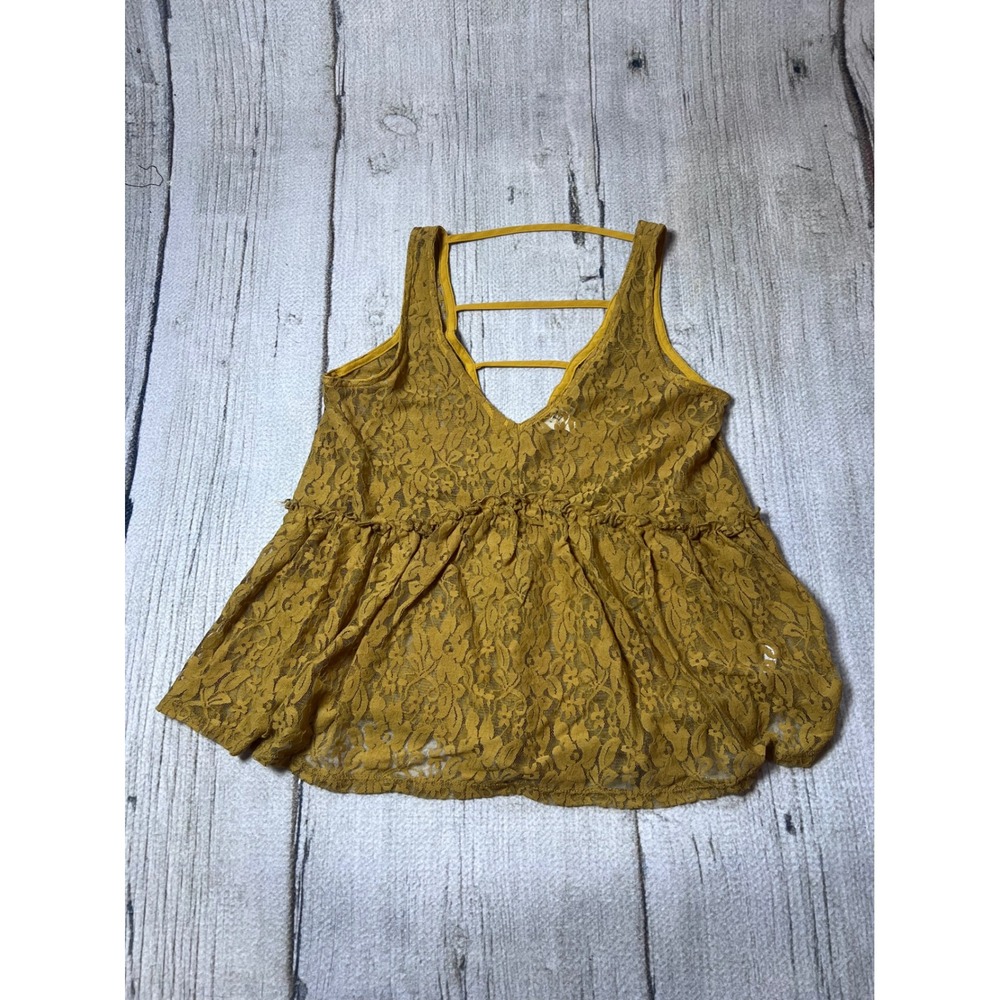 H.I.P. Lace Peplum Tank Top Womens Medium Mustard Yellow Boho Strappy Back‎